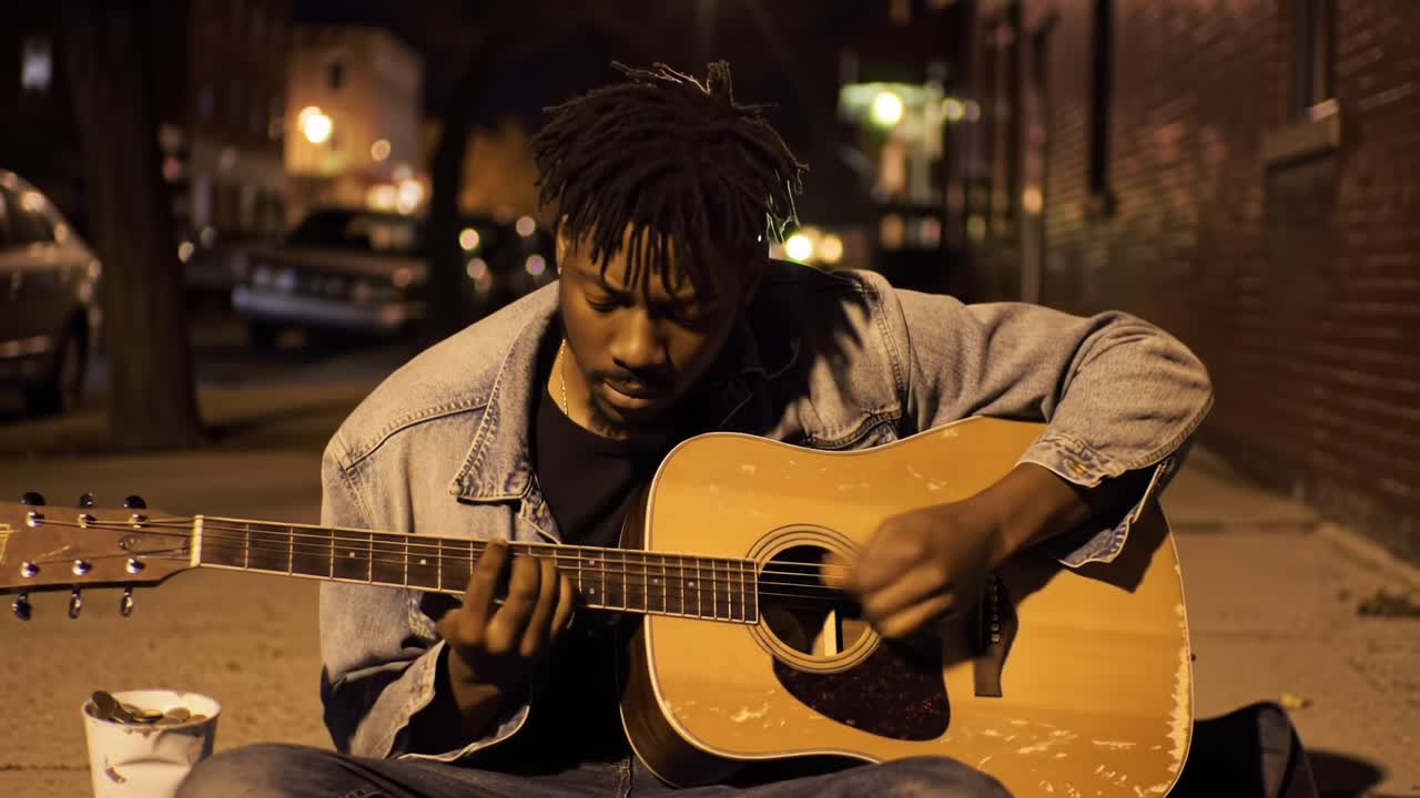 A Street Musician Captivates the Night: Strumming Melodies Under City Lights with Passion and Emotion, Creating a Unique Atmosphere of Artistic Expression