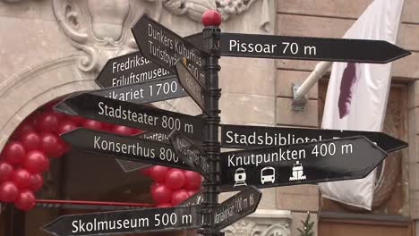 close-up of a multi-directional signpost with distances to landmarks, red balloons in background