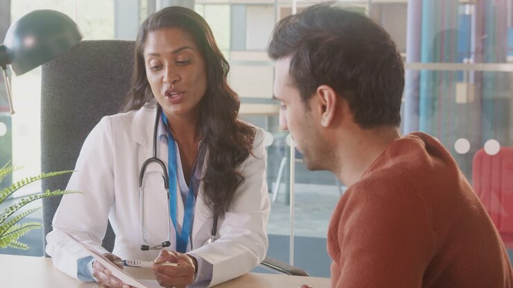 Female Doctor At Desk In Office Meeting To Discuss Test Results With Male Patient In Hospital