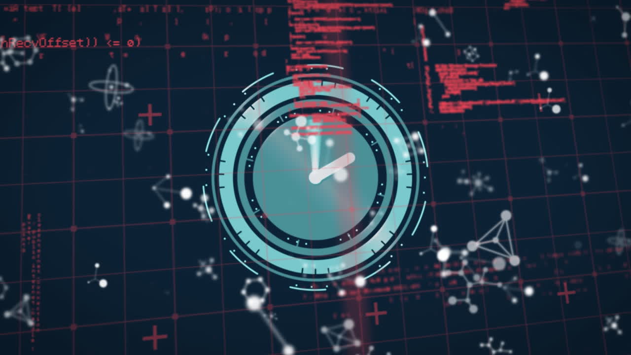 Animation of data processing, molecules and clock moving fast over gird