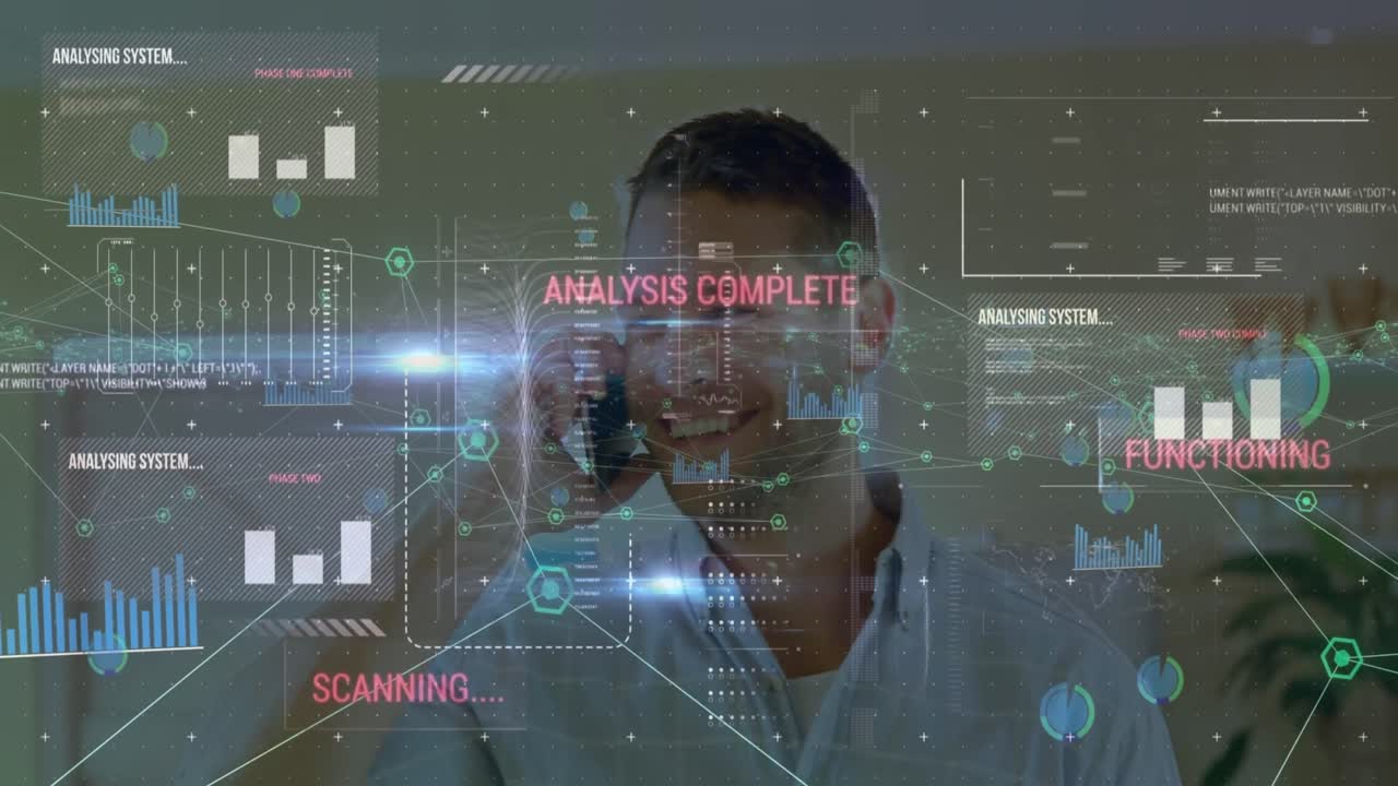 Animation of network of connections and network of icons over caucasian man talking on smartphone