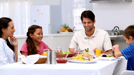 Family-chatting-and-having-dinner