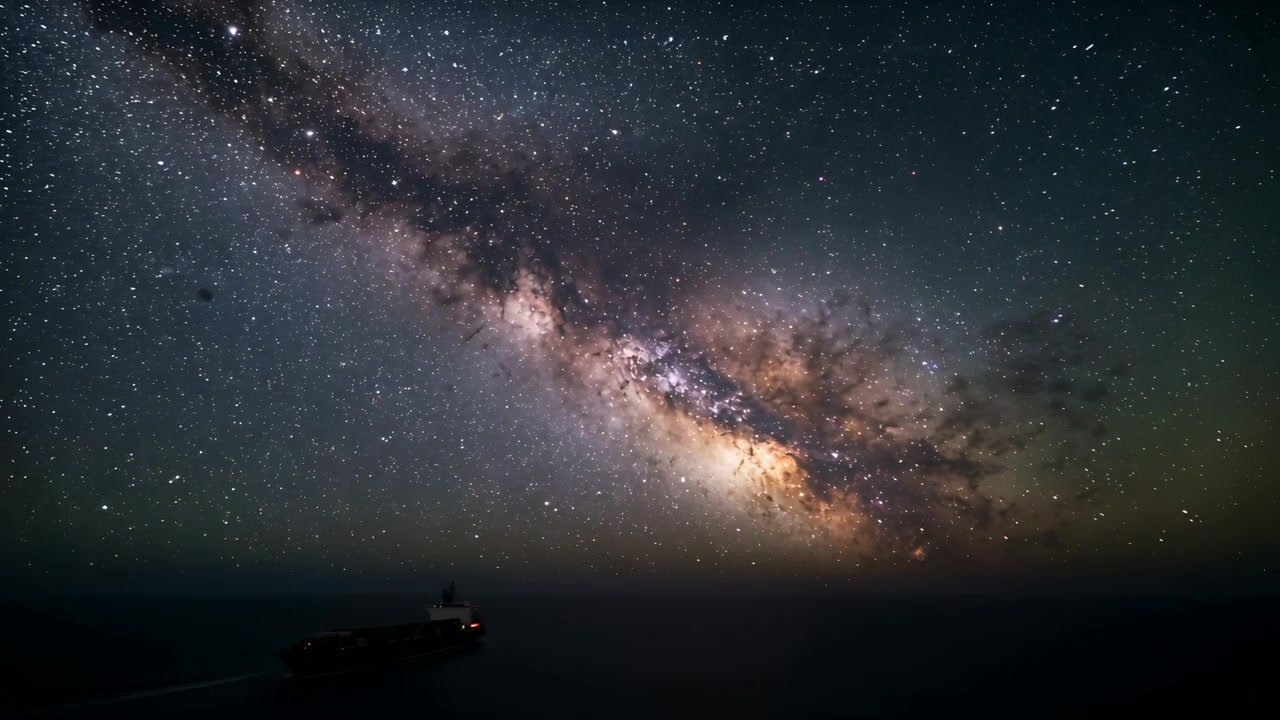 Timelapse som fanger Melkeveien i bevegelse over havet om natten for å registrere rotasjon, med et skip som viser rødt lys.