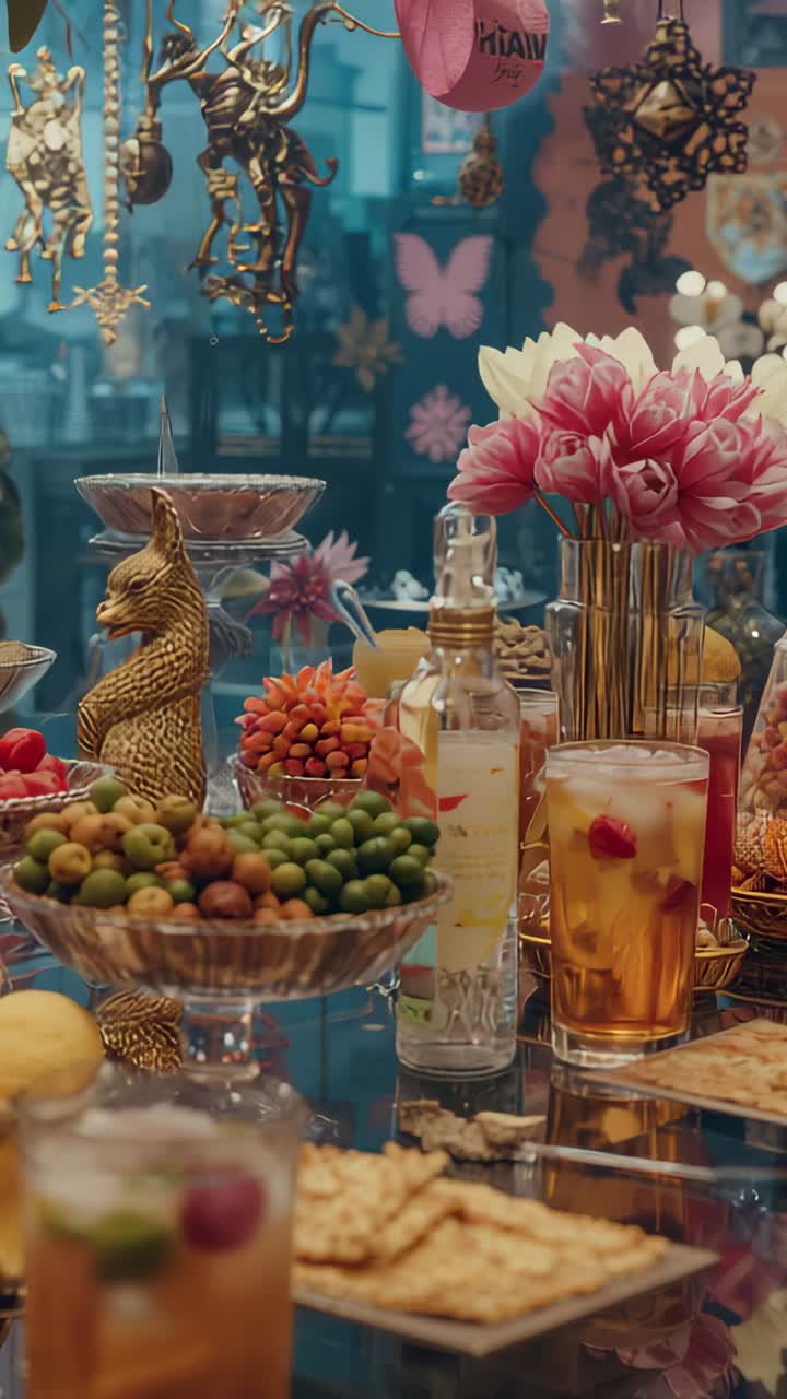 Vertical video: Opening with close-up camera panning across cafe bar showing nut bowl and tulips