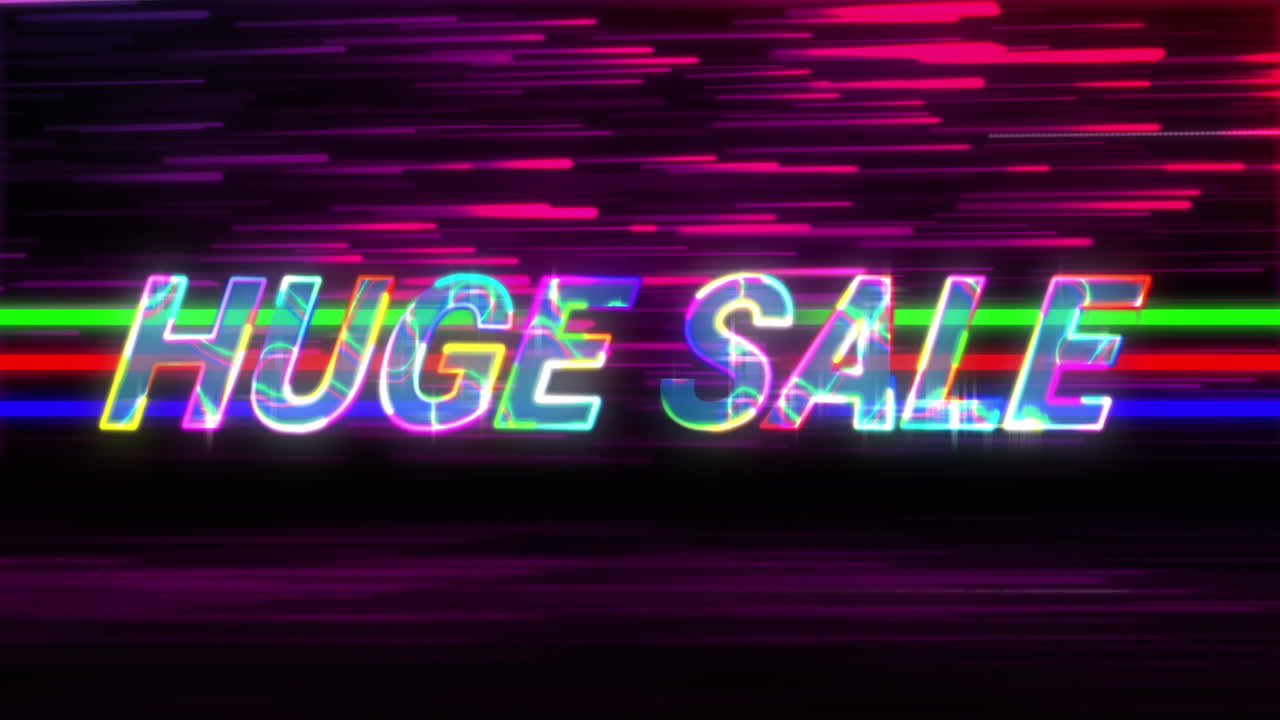 animación de un enorme texto de venta sobre rastros de luz en fondo negro.