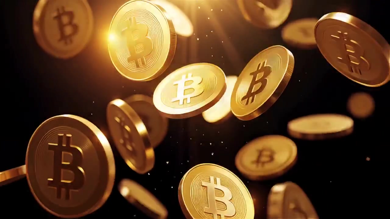 Bitcoin girando em fundo preto dramático 4K