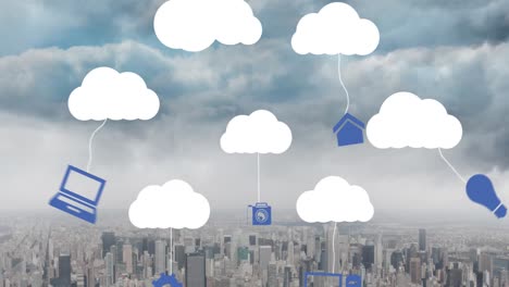 animación de iconos digitales colgando de múltiples nubes contra una vista aérea del paisaje urbano