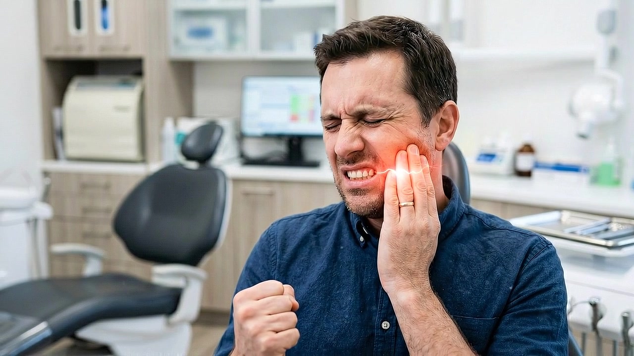 Uomo che si tiene la guancia e la mascella doloranti all'interno di una sala per esami dentali, in vista medica.