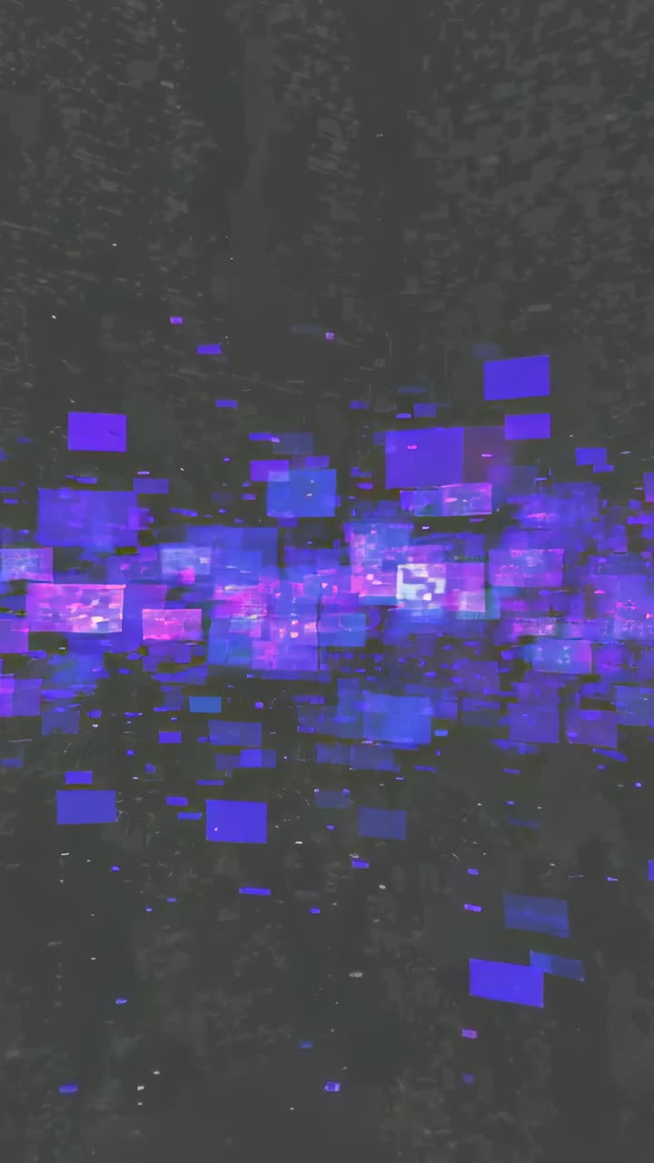 Vertikal video: Lysende klynge af violette fliser og pixels, der bevæger sig i digitalt område, som data