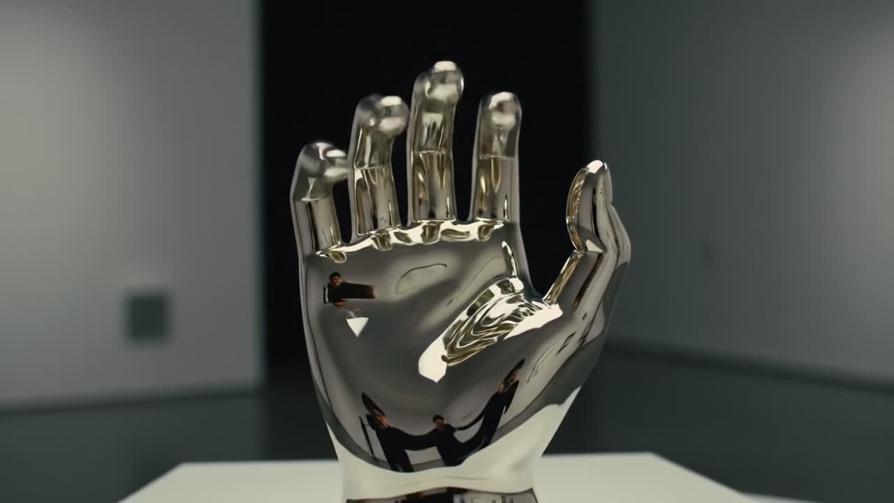 A Fascinating Glimpse at a Polished Metallic Hand Sculpture: Exploring the Artistic Dimensions and Reflections of Human Form in Contemporary Art