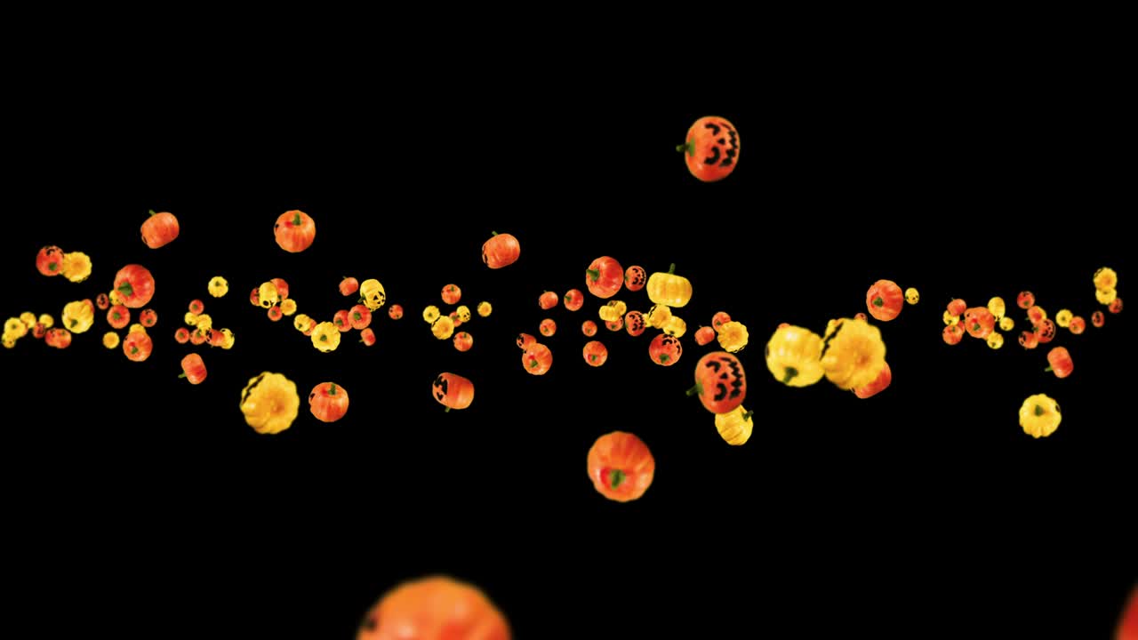 흑색 배경에 많은 오렌지색과 노란색 호박을 날아다니며, 미소와 함께 만화 얼굴, 할로윈 휴가에 대한 3d 애니메이션, 루프 애니메이션.