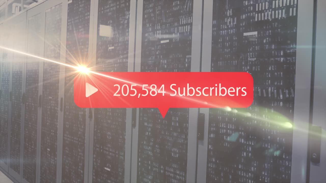 Animation of play icon with increasing subscribers, light spots and mosaic squares over server room