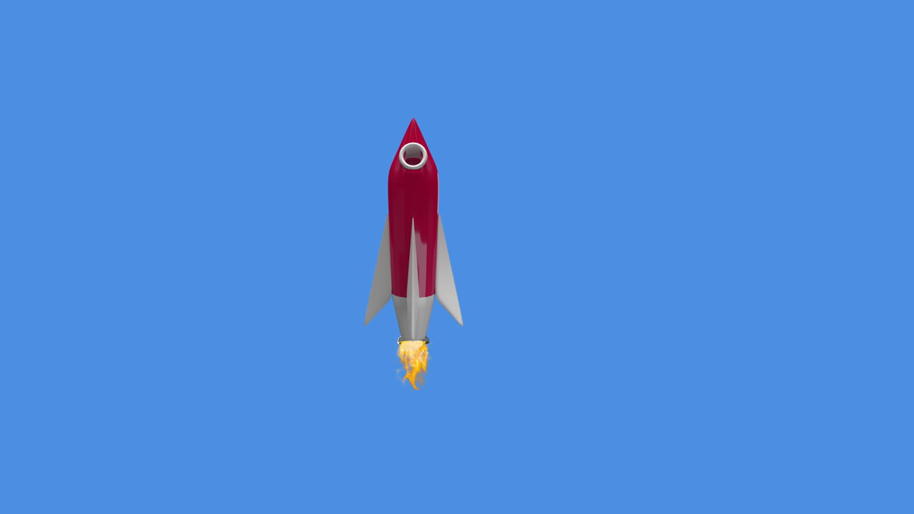 Animation of red spaceship rocket flying up and moving in seamless loop on blue background