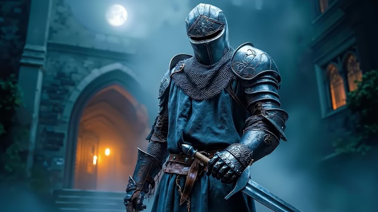 En mand i rustning, der holder et sværd foran et slot