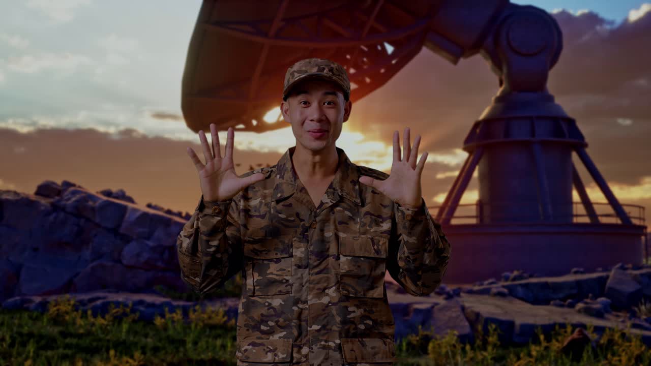 Asian Man Soldier Smiling And Saying Wow While Standing With Satellite Dish