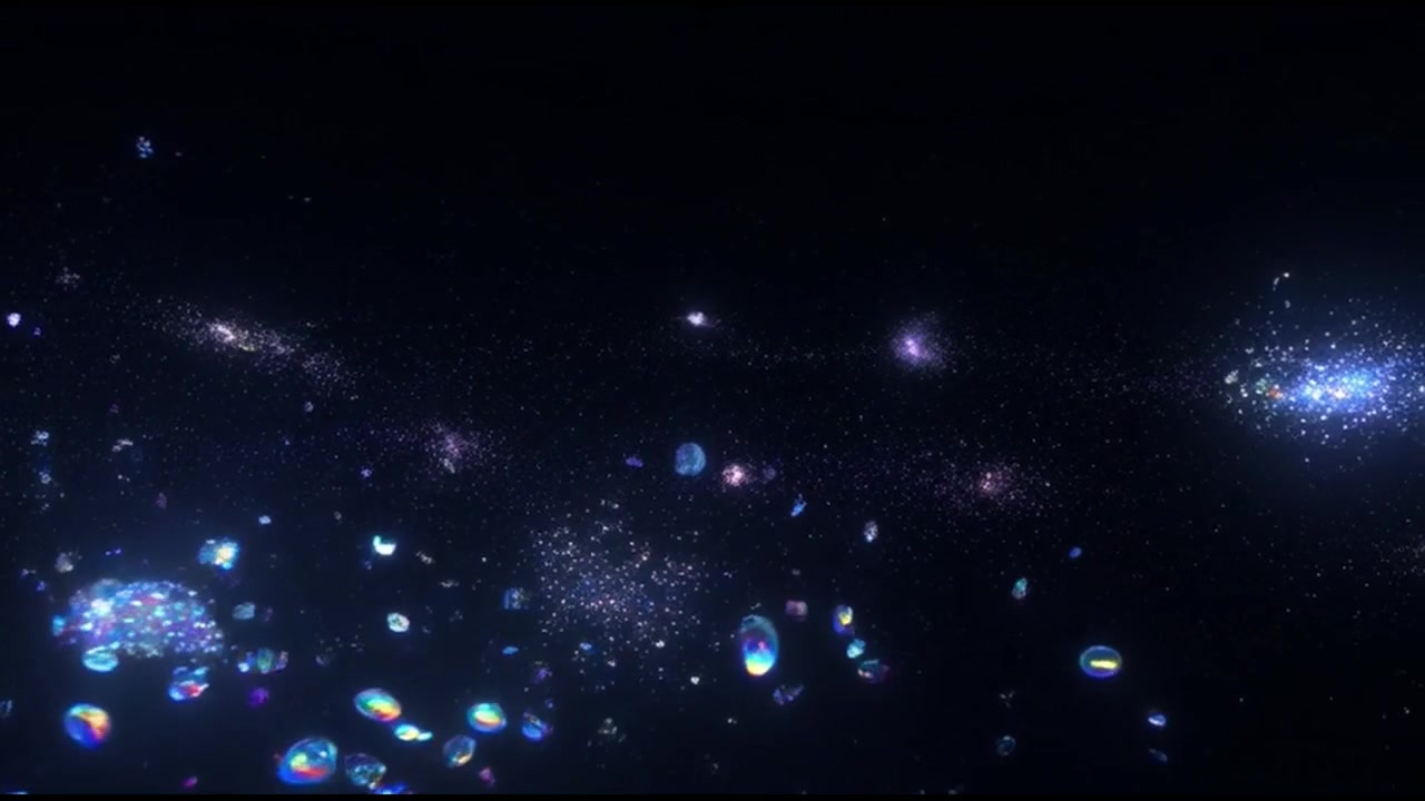 Abstract Animation of Glowing Particles and Bubbles Floating in Dark Space