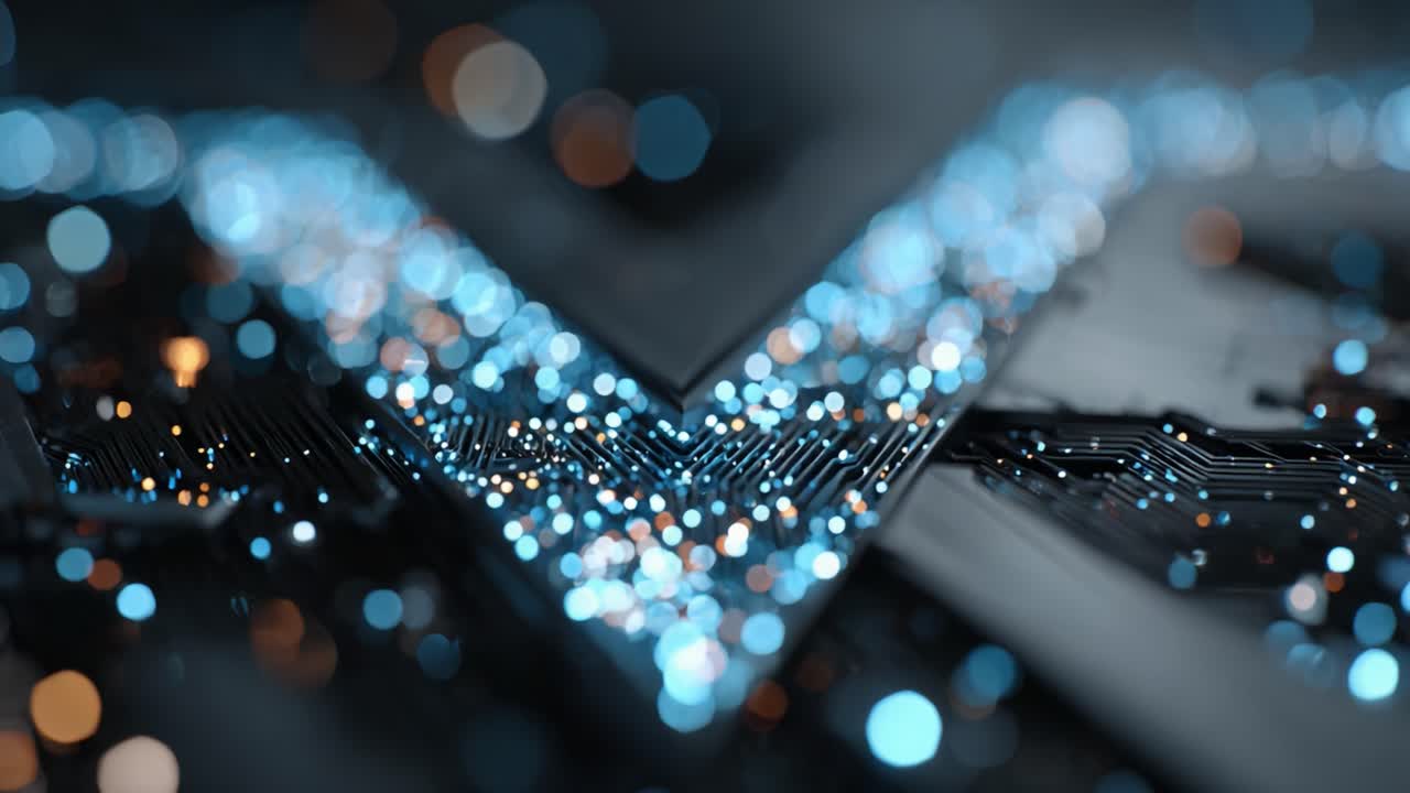 A Stunning Close-up of a Futuristic Circuitry Design Featuring a Distinctive V-Shape Illuminated by Sparkling Blue and Orange Bokeh Lights