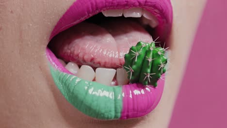 primer plano de la boca de una mujer con lápiz labial y cactus