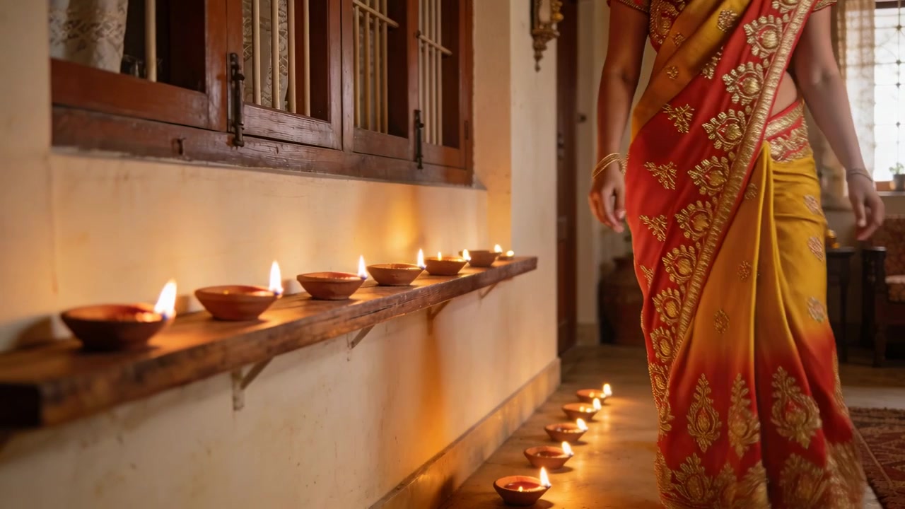 Una donna indiana accende i diya, chinandosi per accendere una lampada, allineando il corridoio per la puja, indossando un sari rosso, con spazio per il testo.