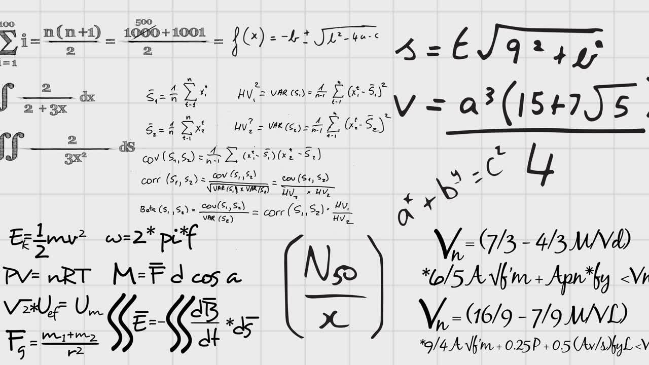 Animation of handwritten maths equations moving over square ruled notebook page
