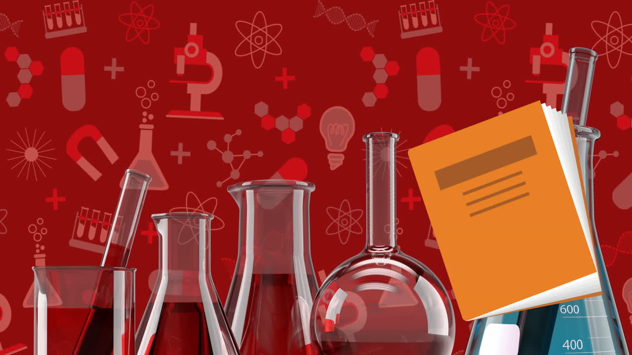 Animation of beakers, flasks, test tubes and book icons against science concept icons