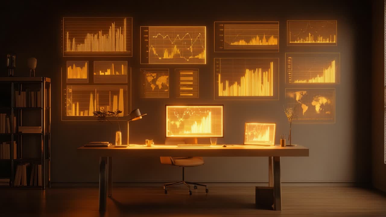 A Contemporary Workspace Bathed in Warm Orange Hues Displays Intricate Data Visualizations and Analytical Charts, Highlighting the Fusion of Modern Design and Functionality in a Professional Environment