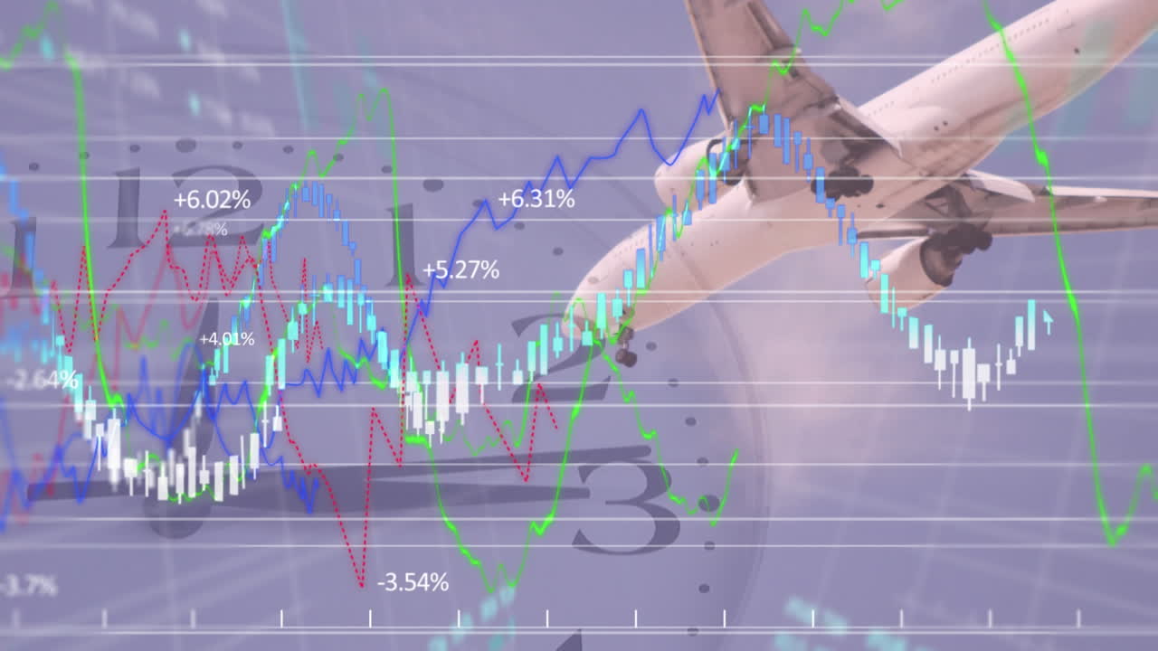 하늘을 날아다니는 비행기의 애니메이션, 시계의 타이킹, 배경에 표시되는 통계.