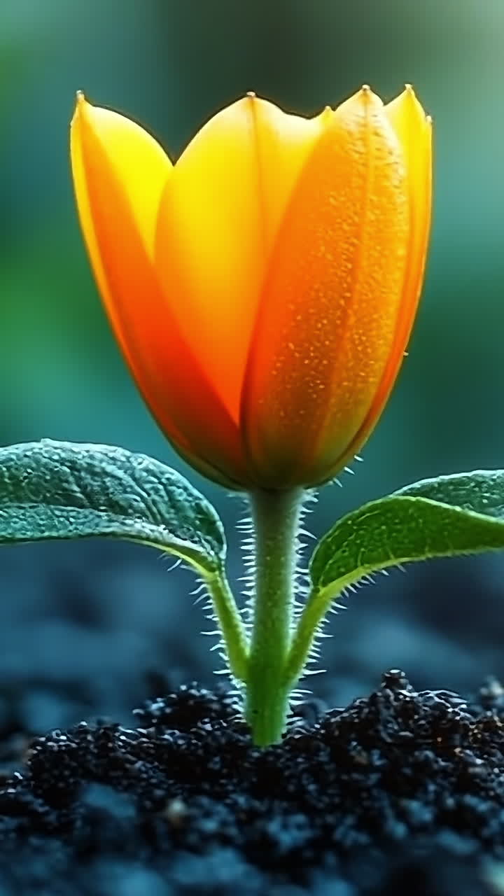Bright orange flower blooming in soil. A vibrant orange flower rises from rich dark soil, surrounded by greenery in a serene garden setting at dawn.