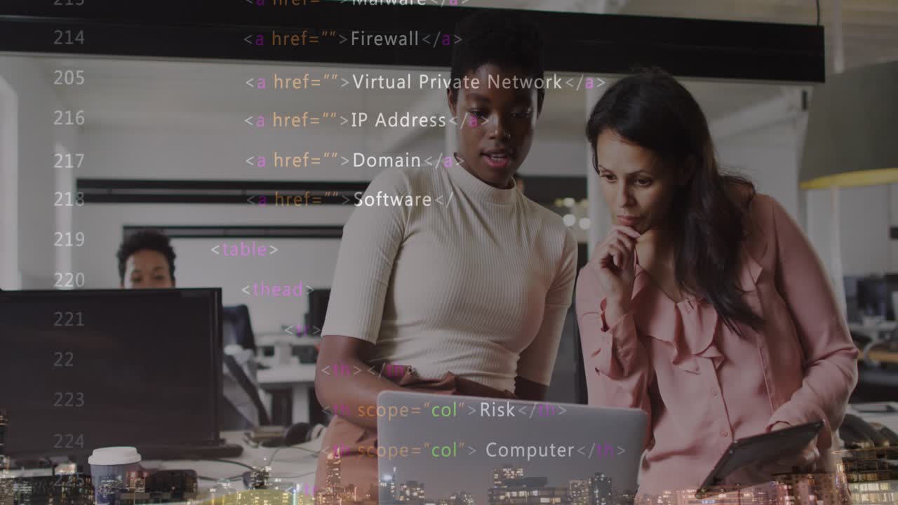 Animation of data processing and cityscape over diverse business people in office