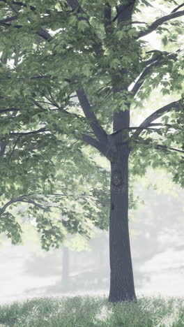 a foggy forest with tall trees and lush green grass