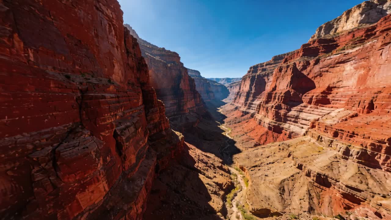 Video vertical: Dron lanzado deslizándose por un estrecho cañón de roca roja, revelando acantilados estratificados y un lecho de río seco.