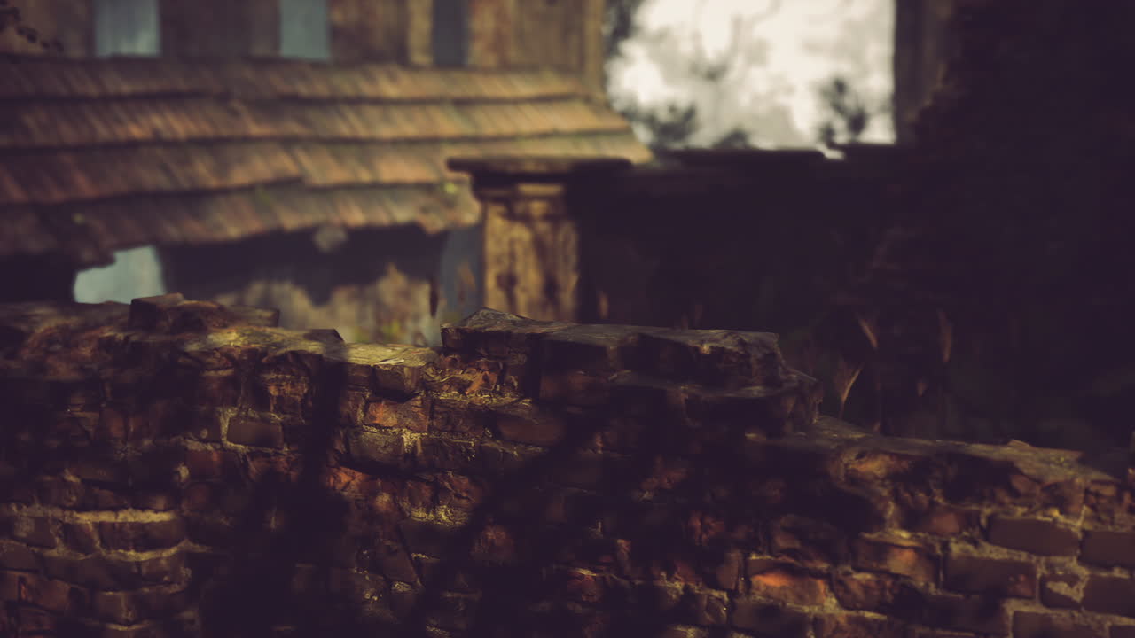 Old textured brick wall in a daylit abandoned rural setting