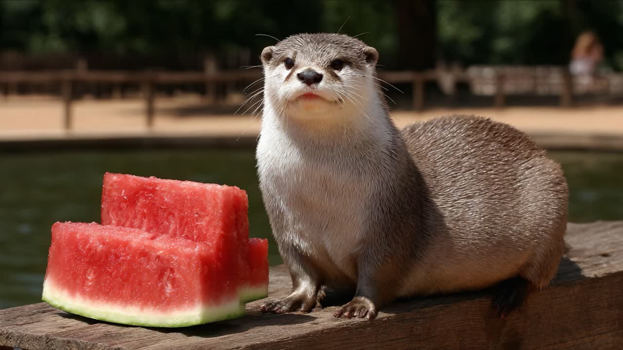 A Curious Otter Enjoys a Refreshing Slice of Watermelon While Posing by the Water, Capturing the Playful Spirit of Nature and Wildlife in a Summer Setting