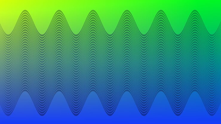 Animation of thin black kinetic parallel wavy lines moving over blue and green background