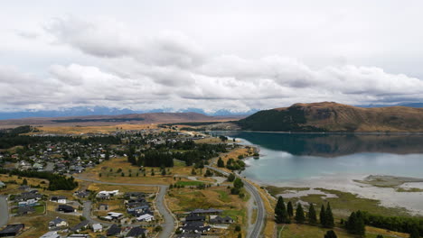 aerial, lake tekapo town in south island, new zealand