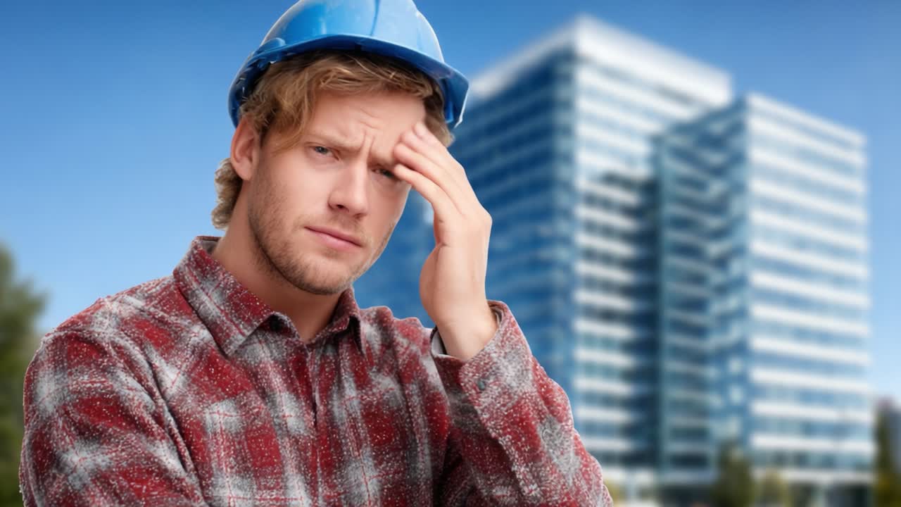 A Construction Worker Contemplates Challenges on a Building Site, Wearing a Safety Helmet and Looking Pensive, Set Against a Modern Office Building Background