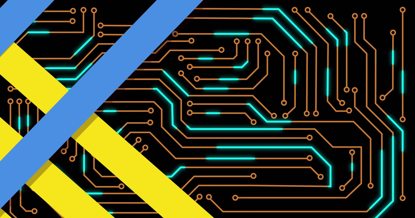 Animation of yellow and blue lines over integrated circuit on black background