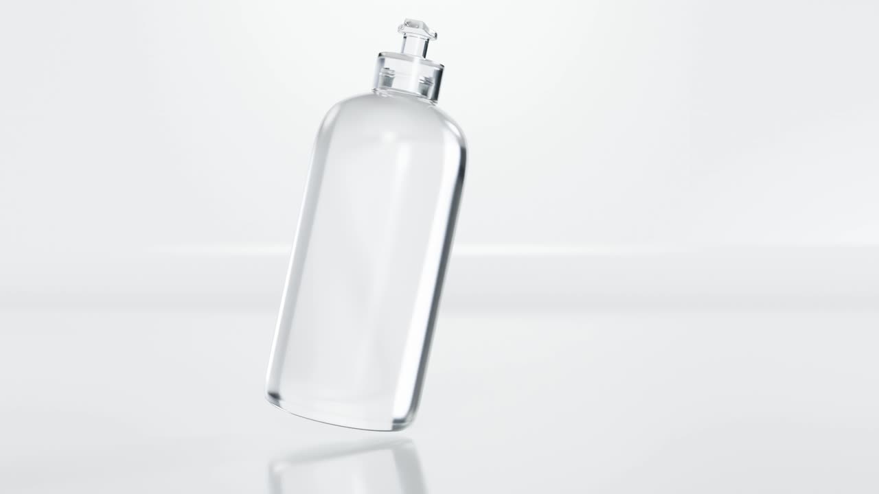 animación de bucle de botella de gel de desinfectante, botella en el aire, gel de limpieza de manos sin agua en la botella de bomba clara blanca, plástico, renderizado en 3d