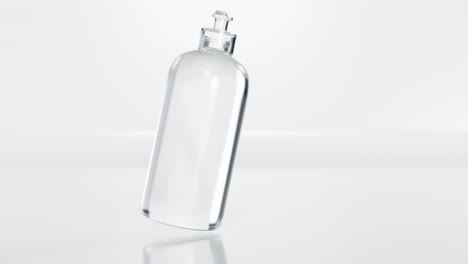 animación de bucle de botella de gel de desinfectante, botella en el aire, gel de limpieza de manos sin agua en la botella de bomba clara blanca, plástico, renderizado en 3d