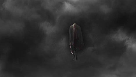 animation of scary halloween ghost over grey clouds in sky