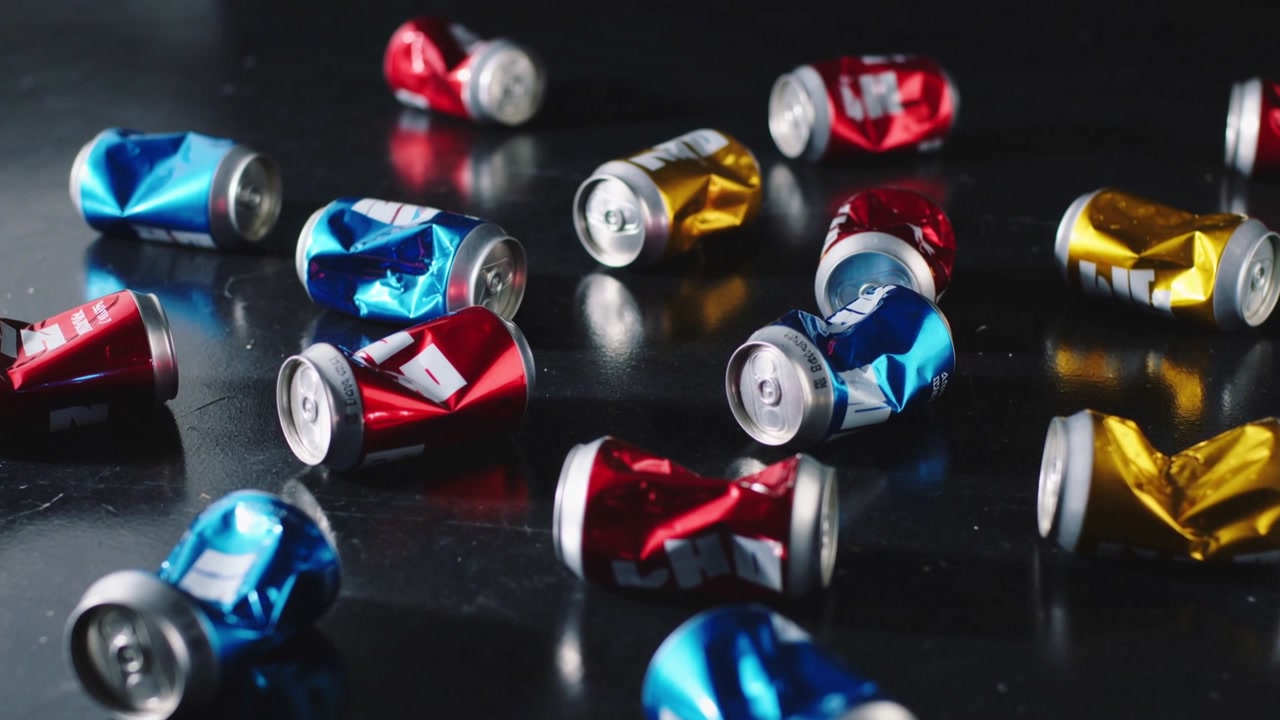 Shifting camera view revealing crushed red gold cans on tabletop, tightening focus on middle cans