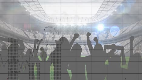 animation of graphs and data processing over fans cheering at sports stadium