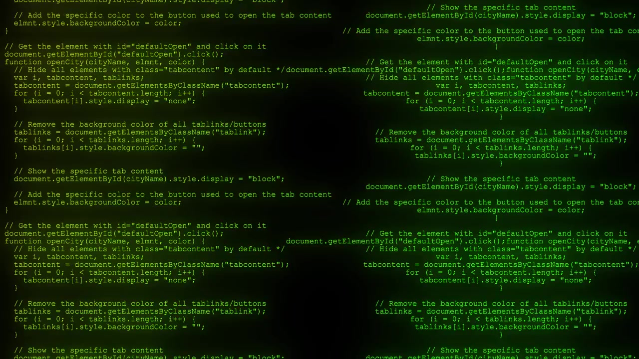 Mørkegrøn kildekode visuel med gentagen programmeringstekst, slørede softwarelag og cyber