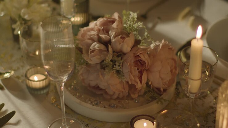 Close Up Of Bridal Bouquet On Table Set For Meal At Wedding Reception 2