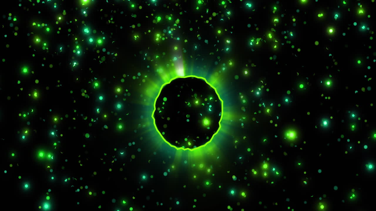 Animation of glowing globe and spots of green light on black background