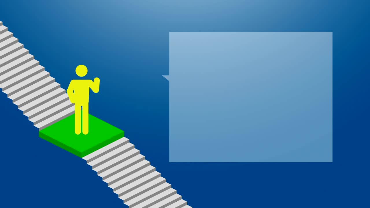 프레젠테이션 픽토그램 남자 아이콘 녹색 색과 음성 거품 비즈니스 성공 계단 단계별로 파란색 그라디언트 배경에 loopable, 애니메이션 4k