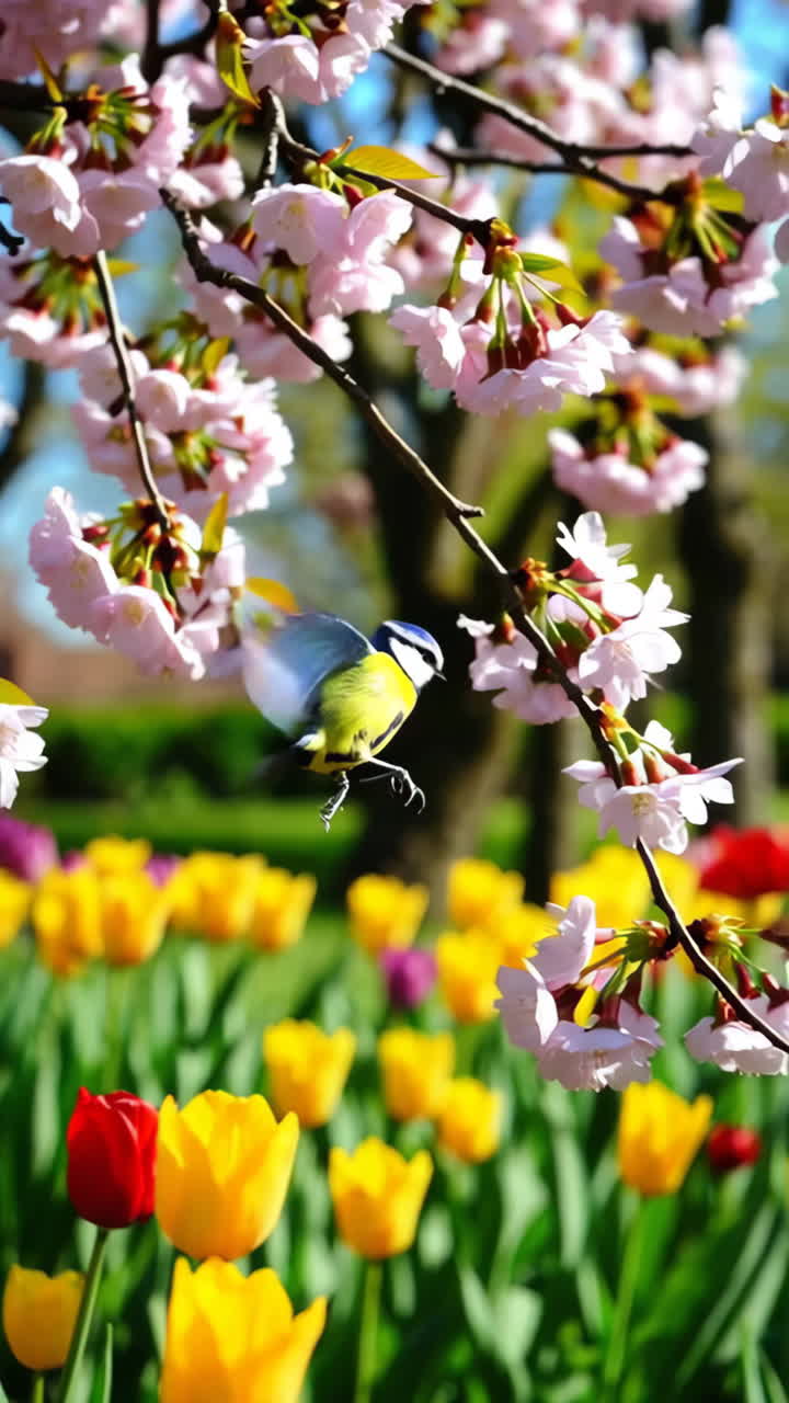 Une mésange bleue sur une branche de cerisier en fleurs avec des tulipes
