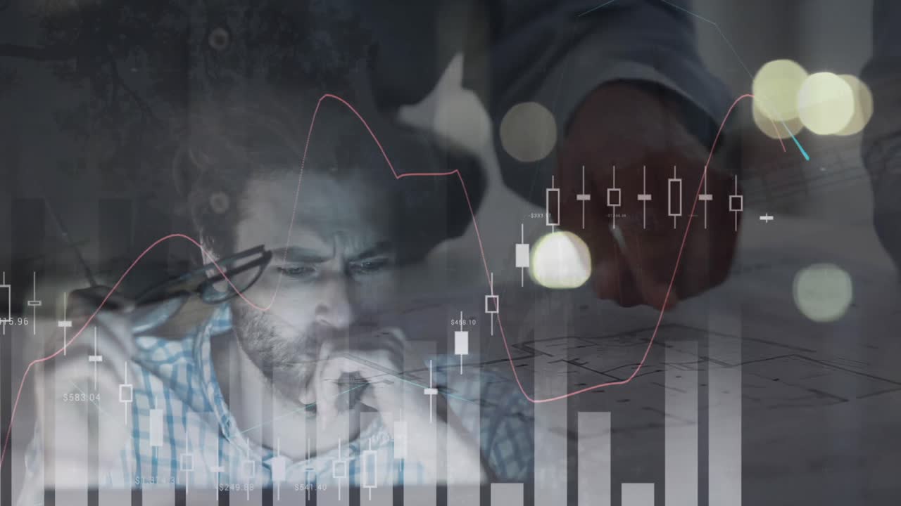 animación de estadísticas y procesamiento de datos financieros sobre arquitecto con planes en reunión