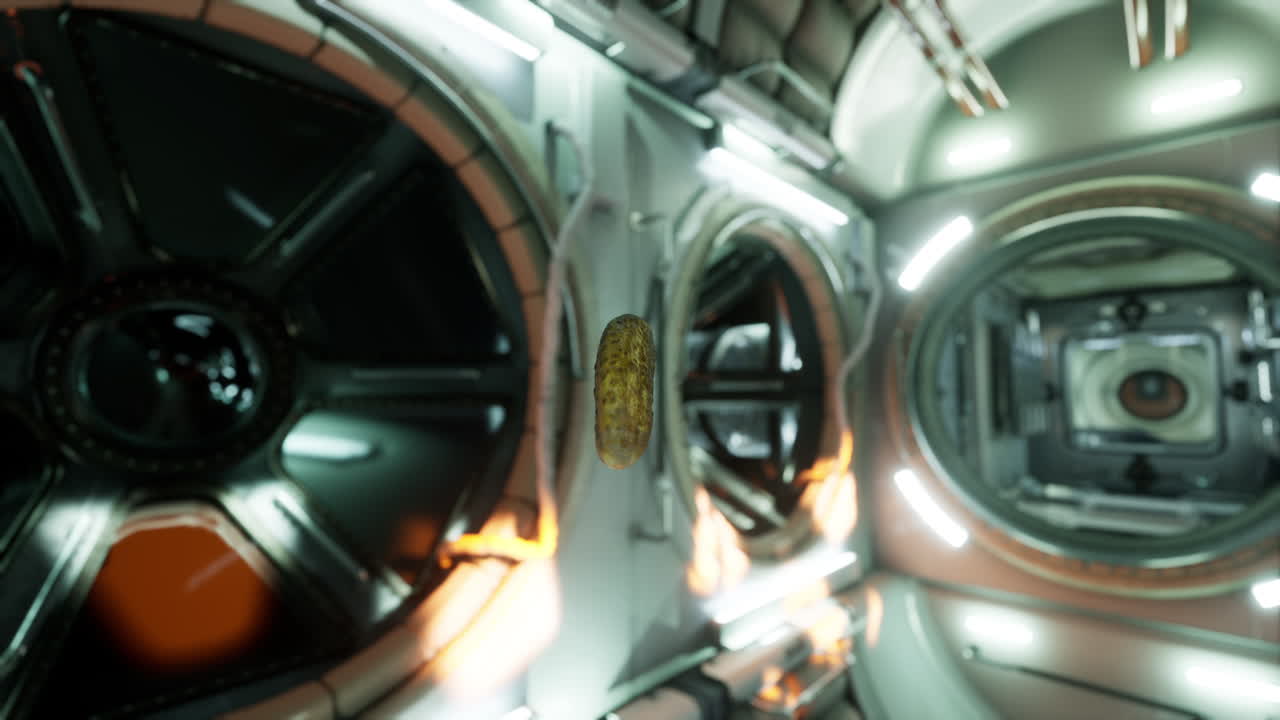 pepino encurtido marinado flotando en la estación espacial internacional