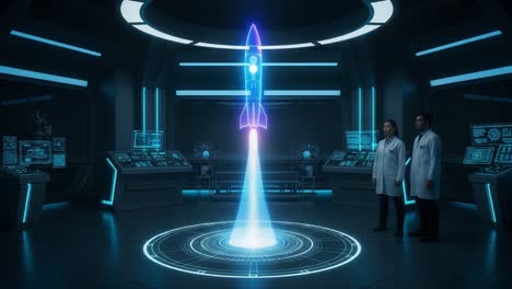 a futuristic launch sequence: scientists observing holographic rocket launch within a high-tech laboratory environment filled with advanced technology and data displays